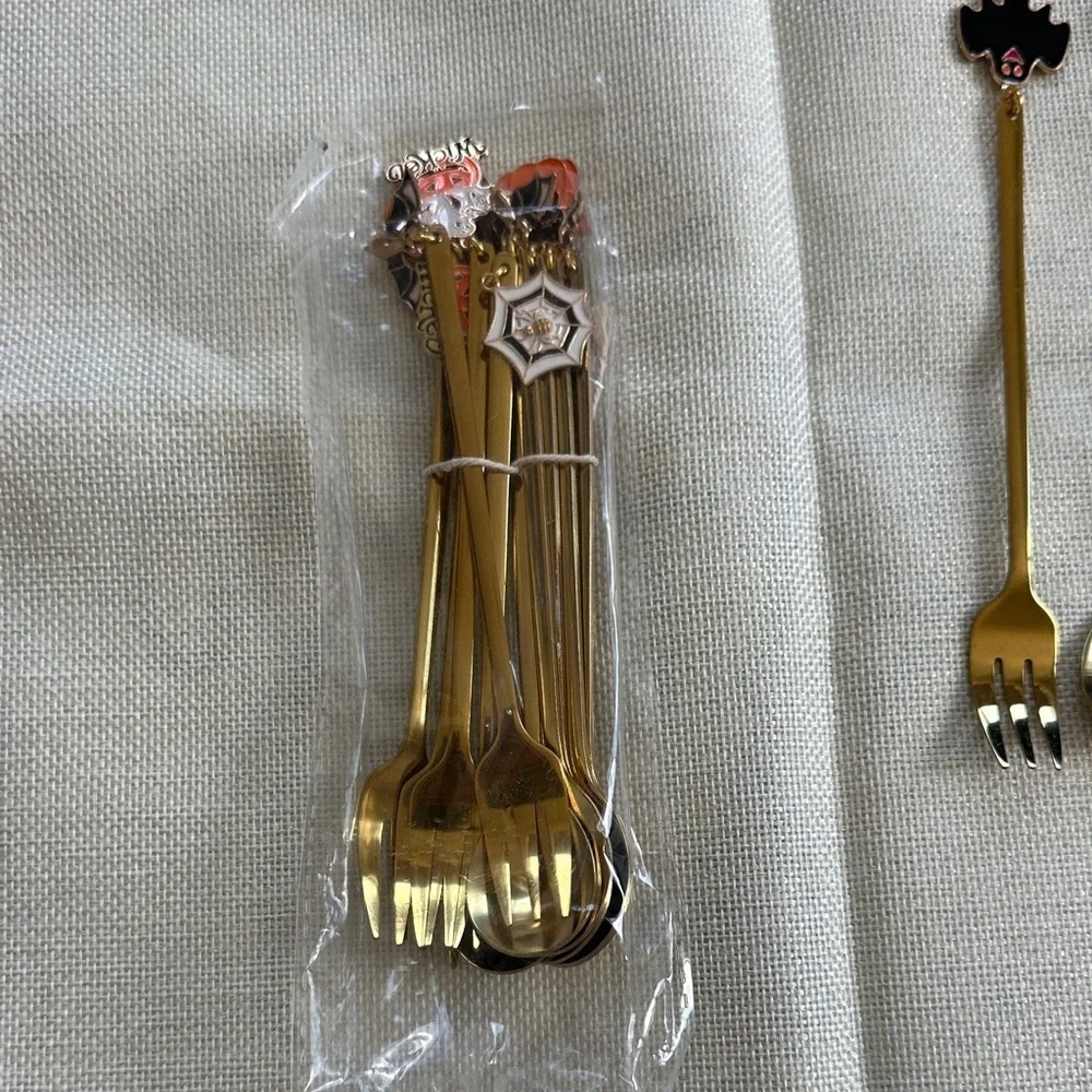 Gold Cocktail Fork and Spoon Set with Halloween themed Decorative Handles 6/12